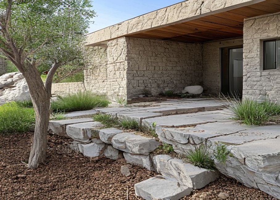Suburban home exterior with landscaping near the foundation