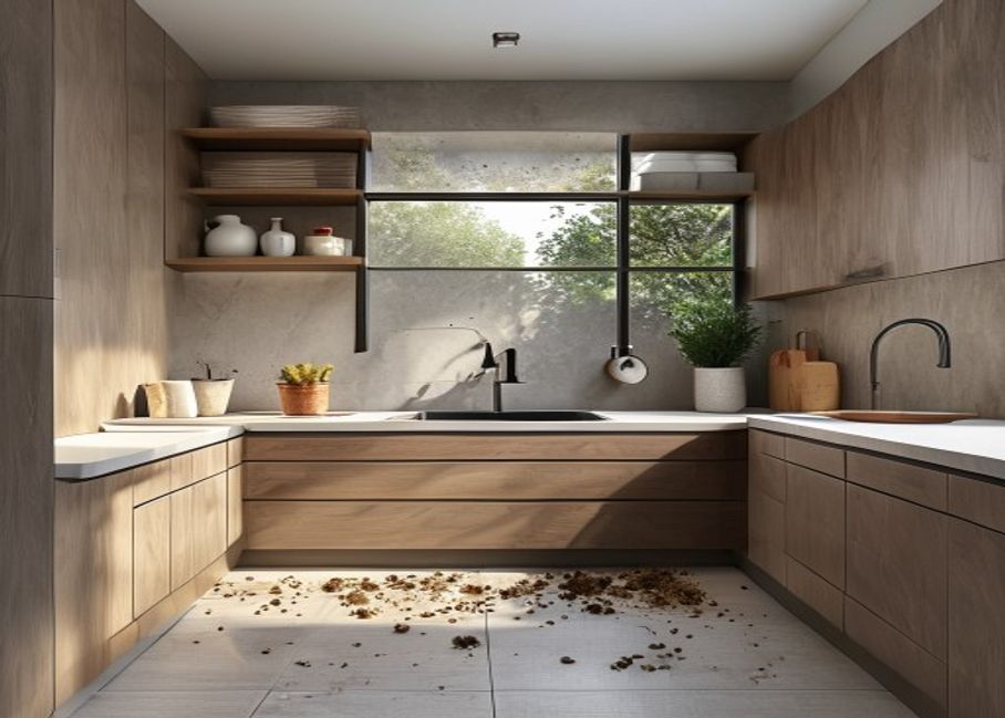 Bright kitchen counter and cabinets where ants may look for crumbs or moisture