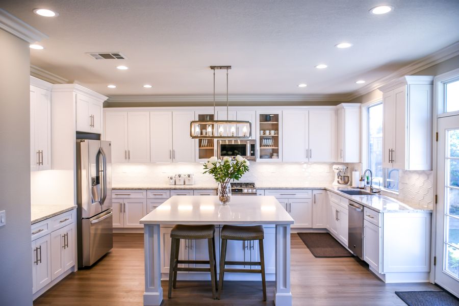 Bright kitchen counter and cabinets where ants may look for crumbs or moisture