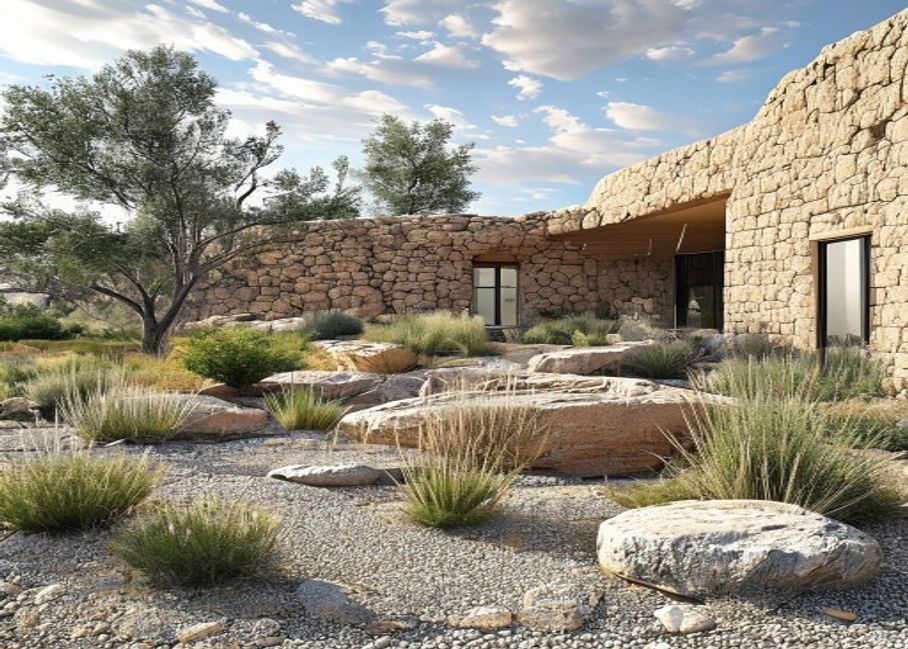 Home exterior with stone and rock landscaping near the structure